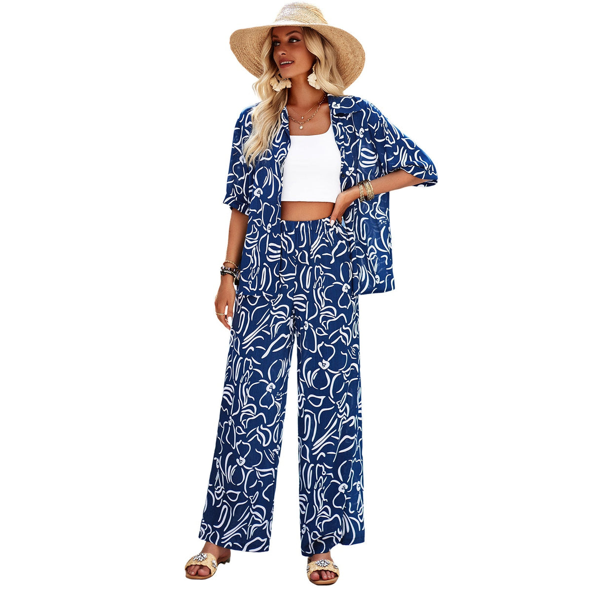 Women's Airy Two-Piece Ensemble with Floral Pattern and Wide-Leg Pants