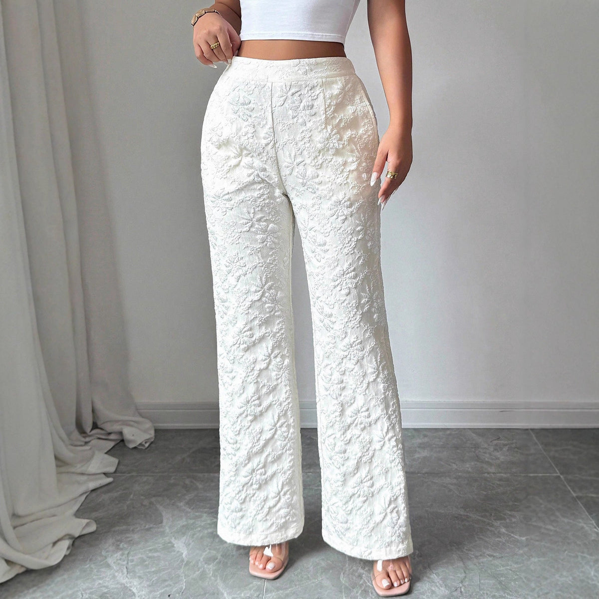 Women's Elegant High-Waisted Floral Trousers