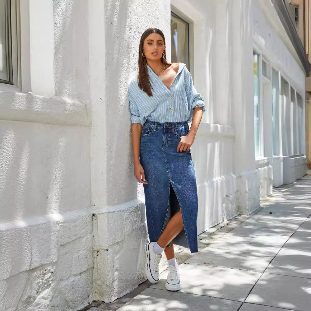 Women's Denim Skirt with Slit and Casual Cut