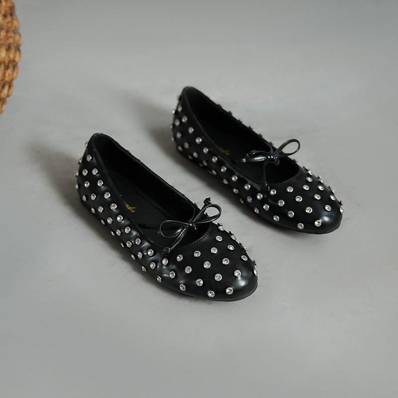 Women's Ballet Flats with Decorative Rhinestones and Bow Design