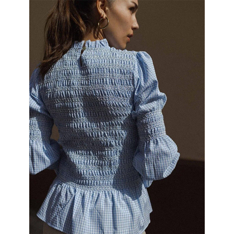 Elegant Women's Blouse with Ruffle Details and Smocked Effect