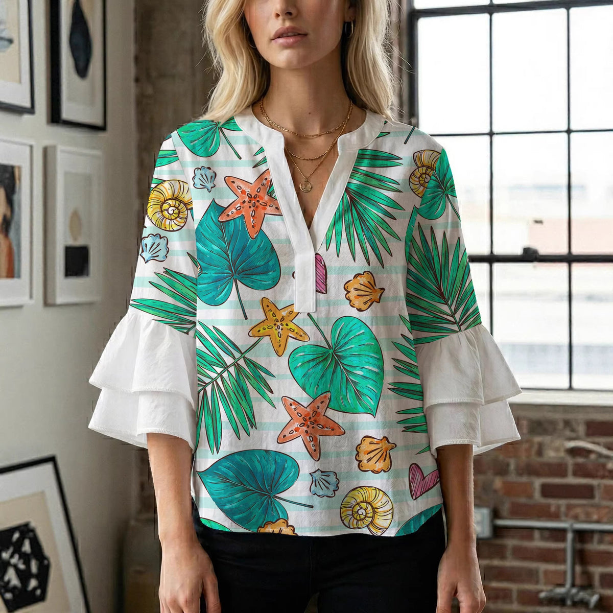 Women's Blouse with Voluminous Ruffle Sleeves and Modern Print