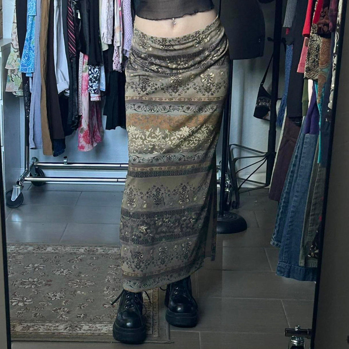 Women's Maxi Skirt with Floral Patterns and Lace Trim