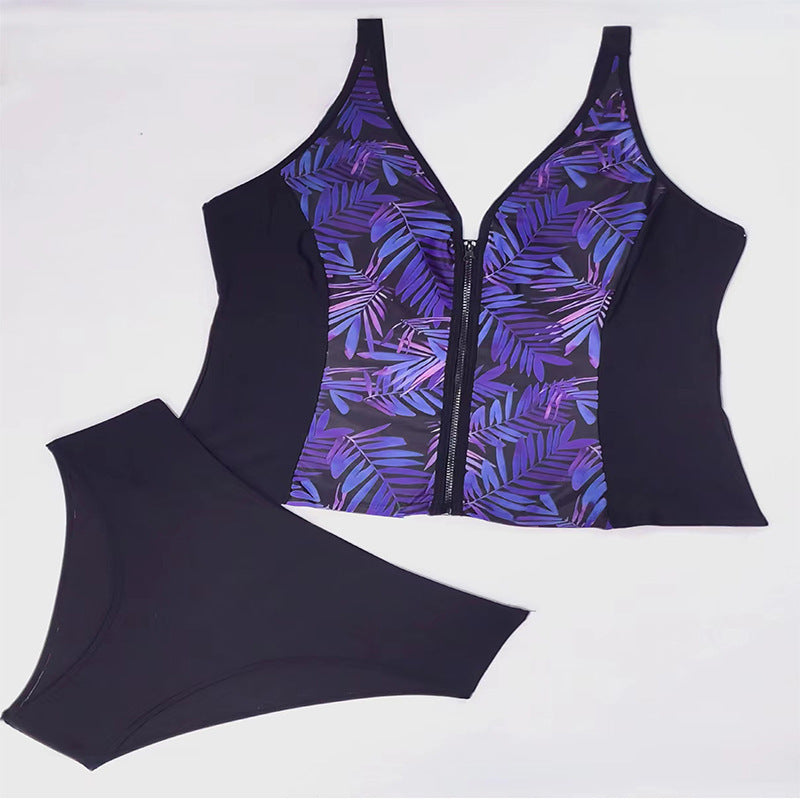 Women's Swim Top with Floral Zipper and Matching Bottoms