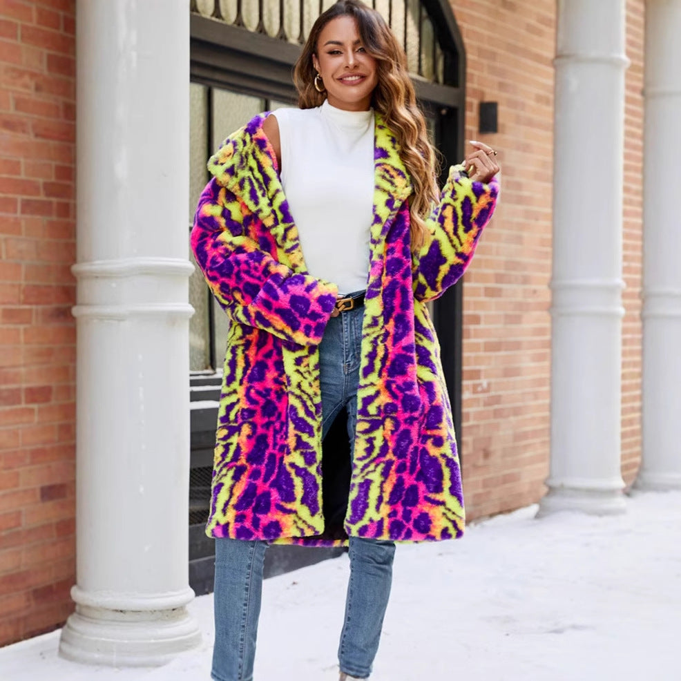 Women's Eye-Catching Faux Fur Coat with Modern Pattern