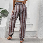 Women's Bohemian Style Casual Pants with Elastic Waist and Floral Pattern