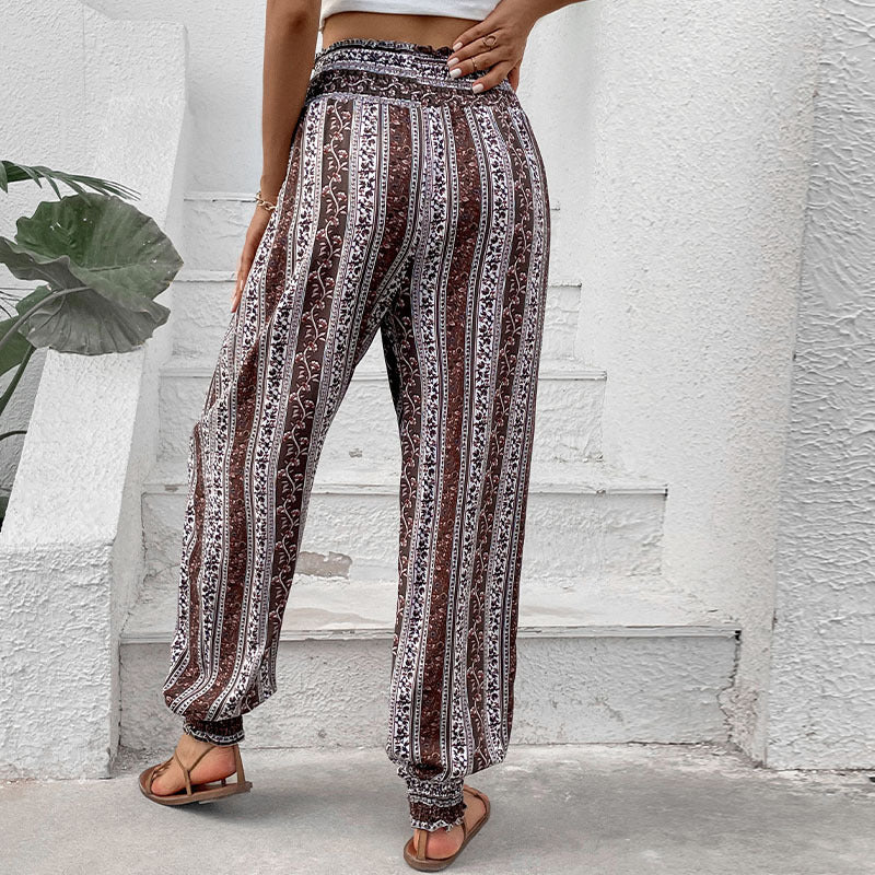 Women's Bohemian Style Casual Pants with Elastic Waist and Floral Pattern