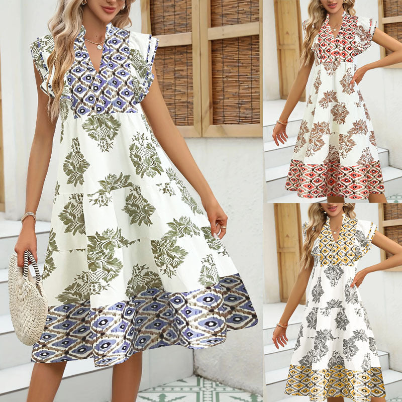 Women's Casual Blouse Dress with Floral Pattern and Modern V-Neck