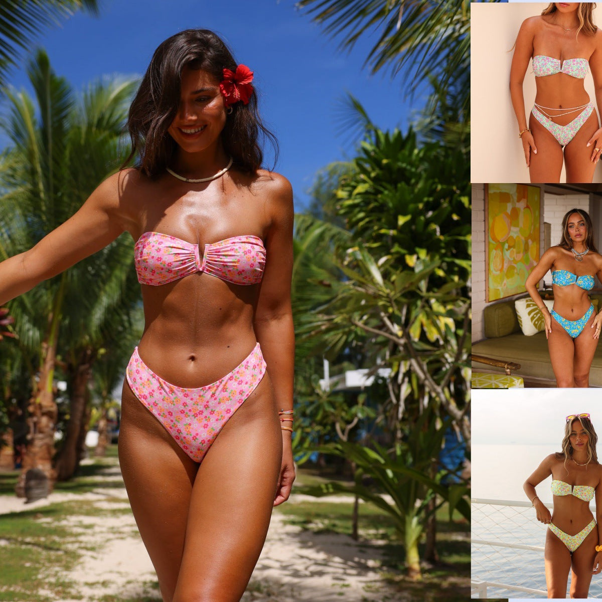 Women's Bandeau Bikini with Floral Design and Elegant Closure