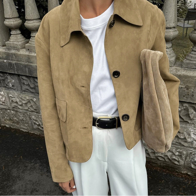 Women's Elegant Suede Jacket with Practical Pockets