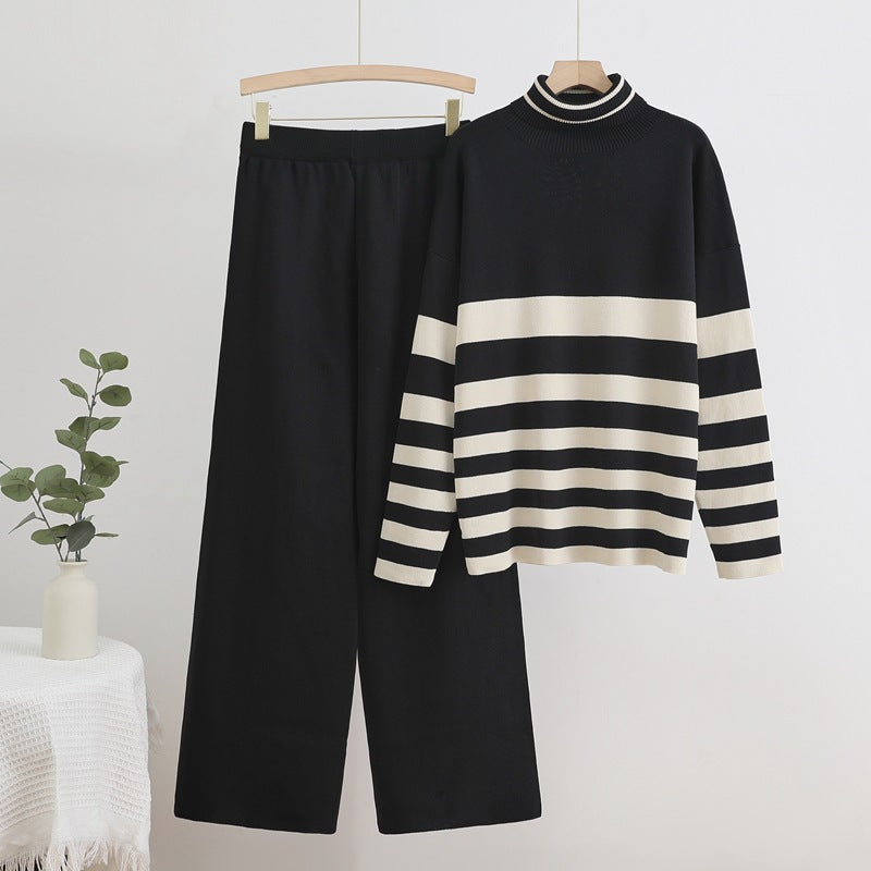 Women's Knit Loungewear Set with High Collar and Stripes