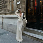 Elegant Crocheted Maxi Dress with Deep V-Neck