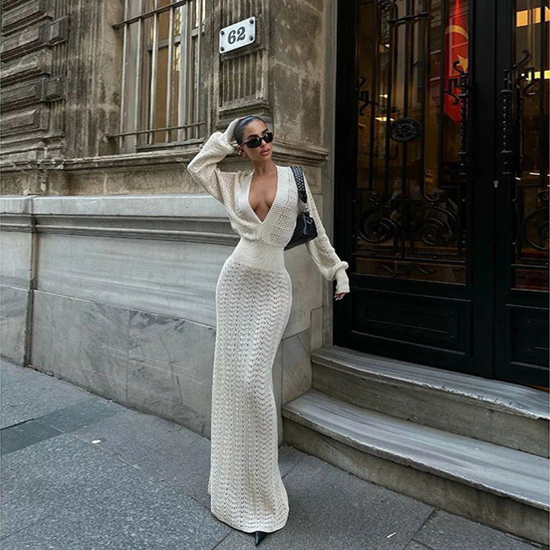 Elegant Crocheted Maxi Dress with Deep V-Neck