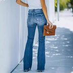 Women's Flared Jeans with High Waist and Frayed Hem