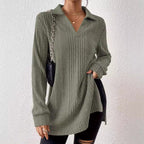 Women's Long Sleeve Shirt with Textured V-Neck and Ribbed Details