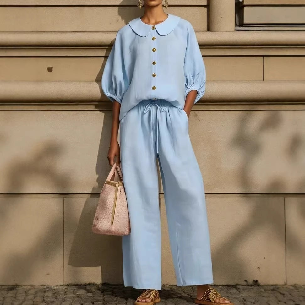 Women's Airy Two-Piece Set with Modern Collar and Button Details