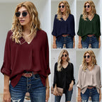 Women's Blouse with V-Neck and Casual Long Sleeves