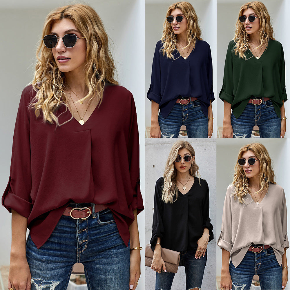 Women's Blouse with V-Neck and Casual Long Sleeves