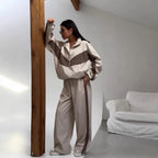 Women's Sporty Two-Piece Set with Track Jacket and Wide Pleated Pants