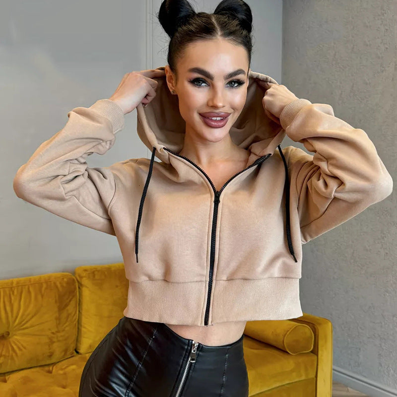 Women's Cropped Hoodie with Zipper and Casual Fit