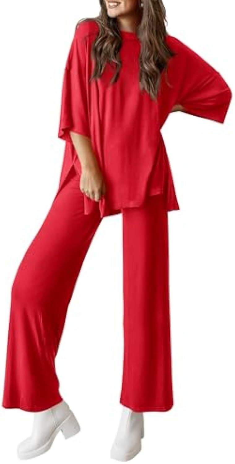Women's Casual Lounge Set in Soft Jersey with Oversized Tunic and Wide Palazzo Pants