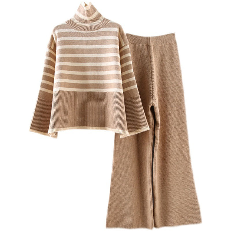 Women's Casual Knit Ensemble with High Collar and Wide Sleeves
