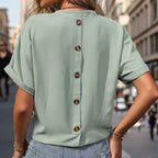 Women's Casual V-Neck Blouse with Chest Pocket and Rolled Sleeves