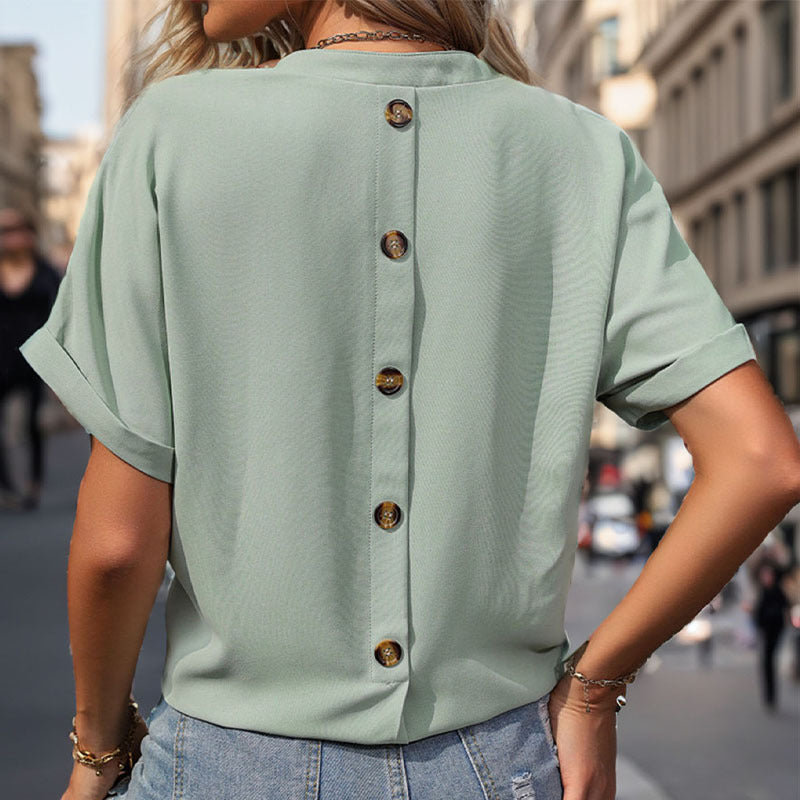 Women's Casual V-Neck Blouse with Chest Pocket and Rolled Sleeves