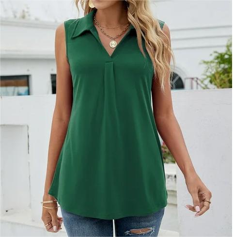 Sleeveless Blouse Top with Collar and V-Neck