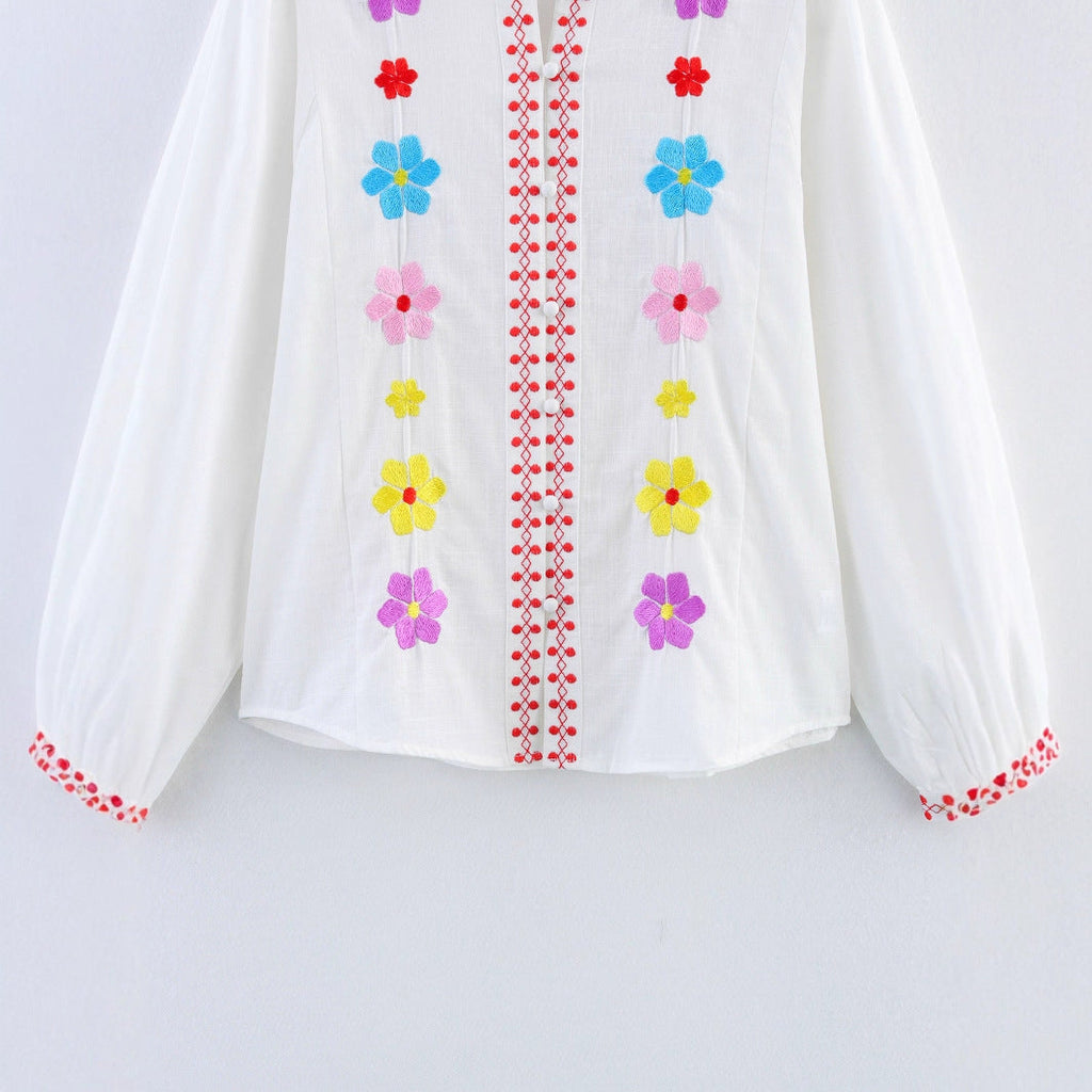 Women's Blouse with Colorful Embroidery and Romantic Ruffle Design