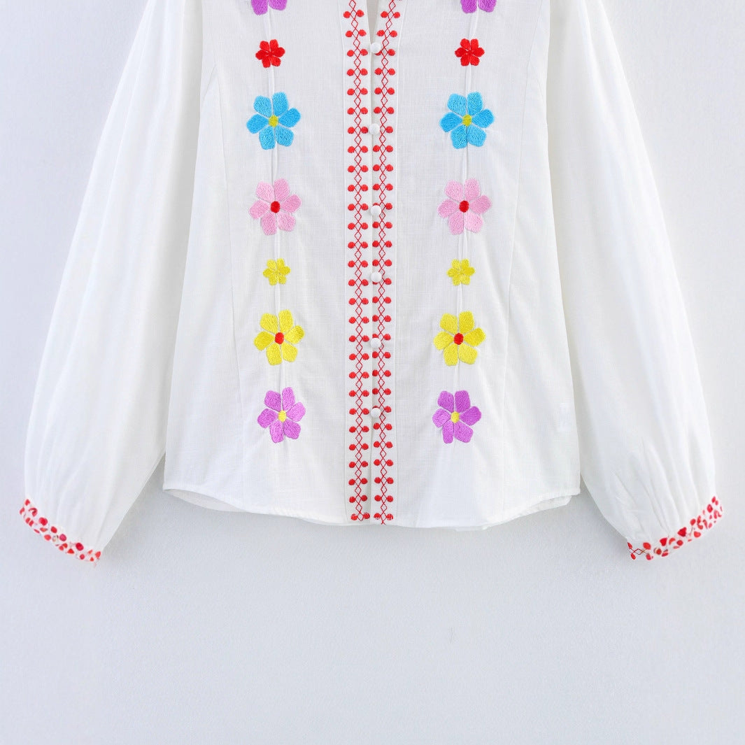 Women's Blouse with Colorful Embroidery and Romantic Ruffle Design