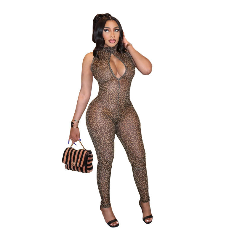 Women's Form-Fitting Jumpsuit with Deep Neckline and Leopard Print