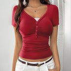 Women's Fitted Short-Sleeve Shirt with Button Closure and Ruffle Details