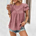 Women's Blouse with Simple Ruffle Sleeves and Fine Polka Dot Pattern