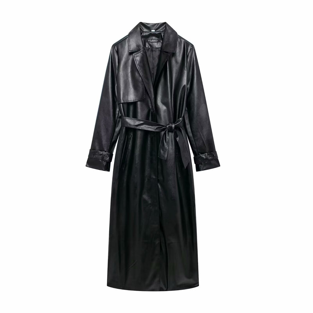 Women's Faux Leather Trench Coat with Elegant Cut and Belt