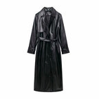 Women's Faux Leather Trench Coat with Elegant Cut and Belt