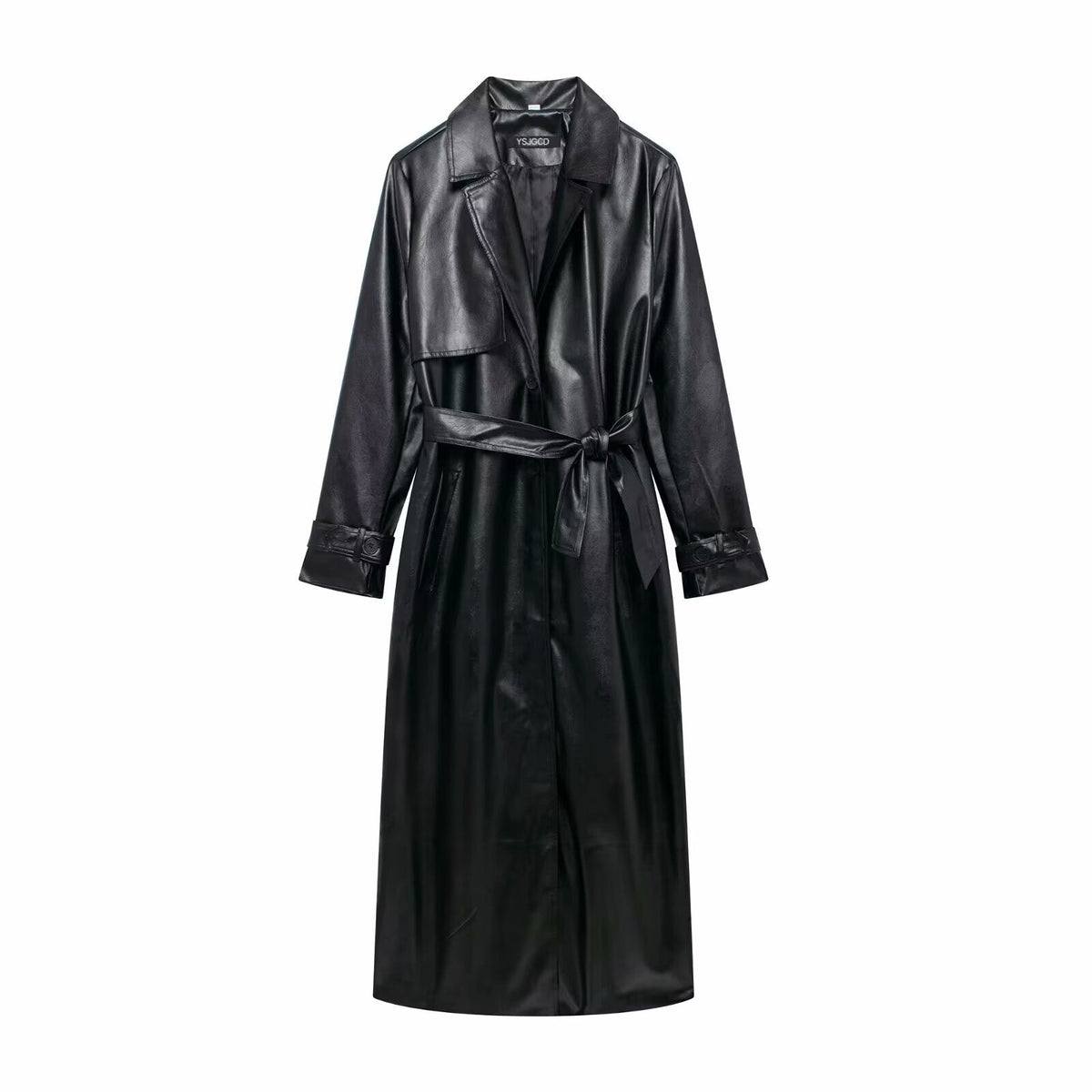 Women's Faux Leather Trench Coat with Elegant Cut and Belt