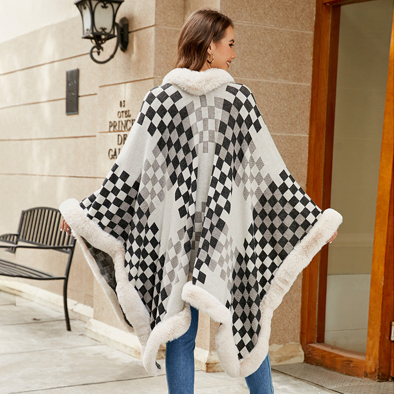 Women's Knit Poncho with Faux Fur Trim