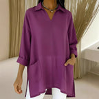 Women's Long-Sleeve Blouse with V-Neck and Pockets
