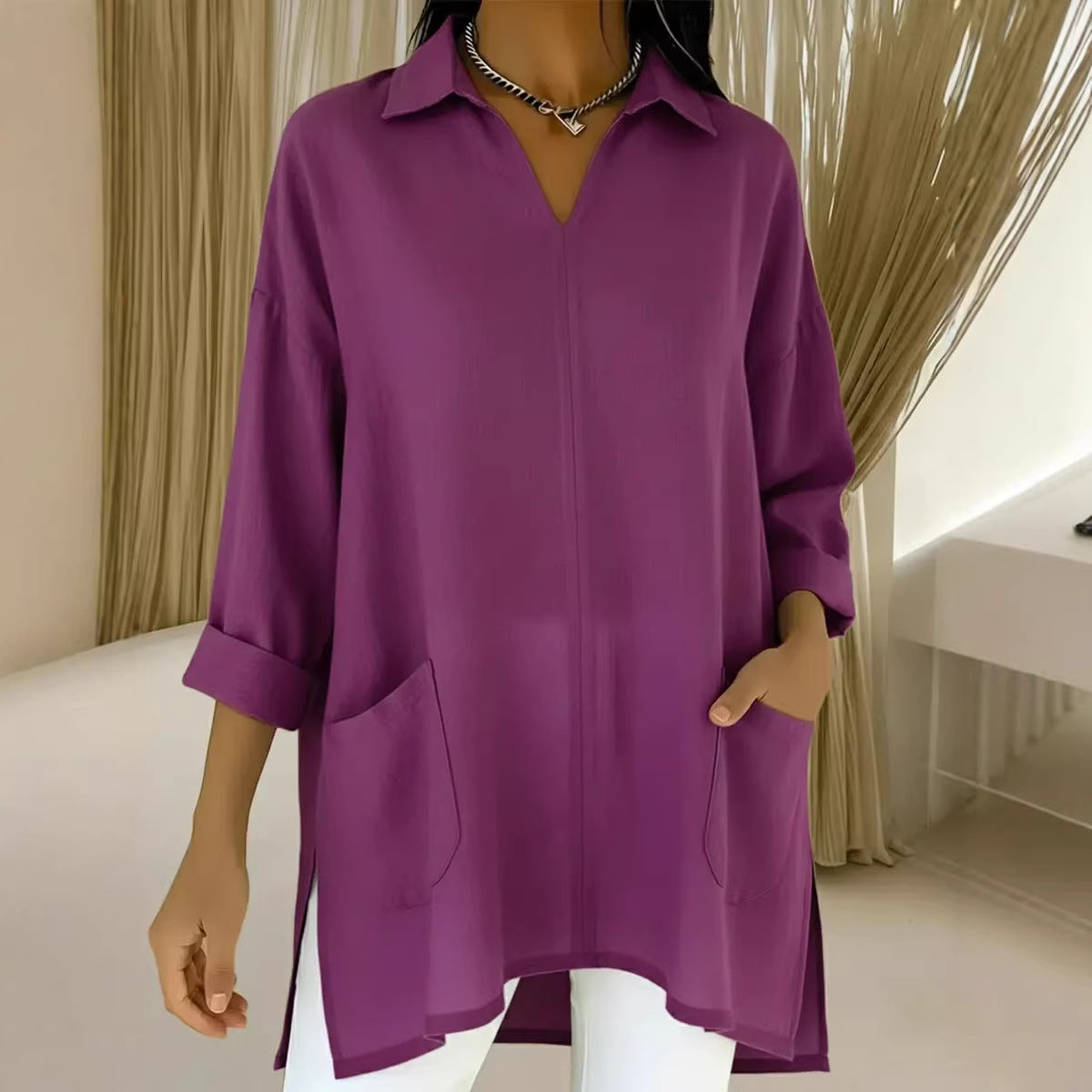 Women's Long-Sleeve Blouse with V-Neck and Pockets
