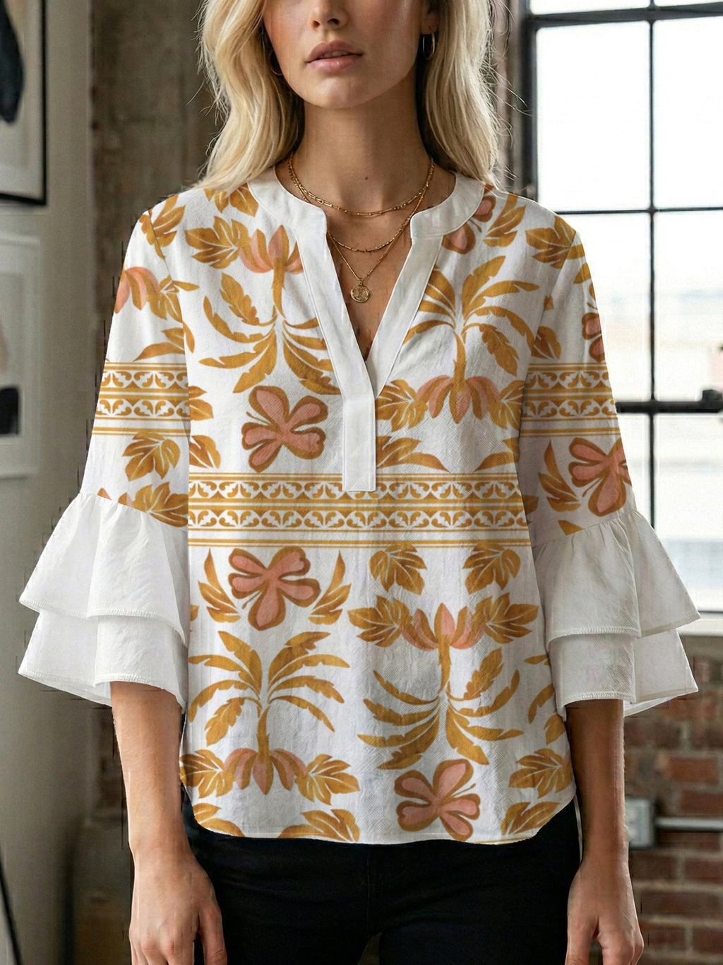 Casual Blouse with Ruffle Sleeves and Botanical Print