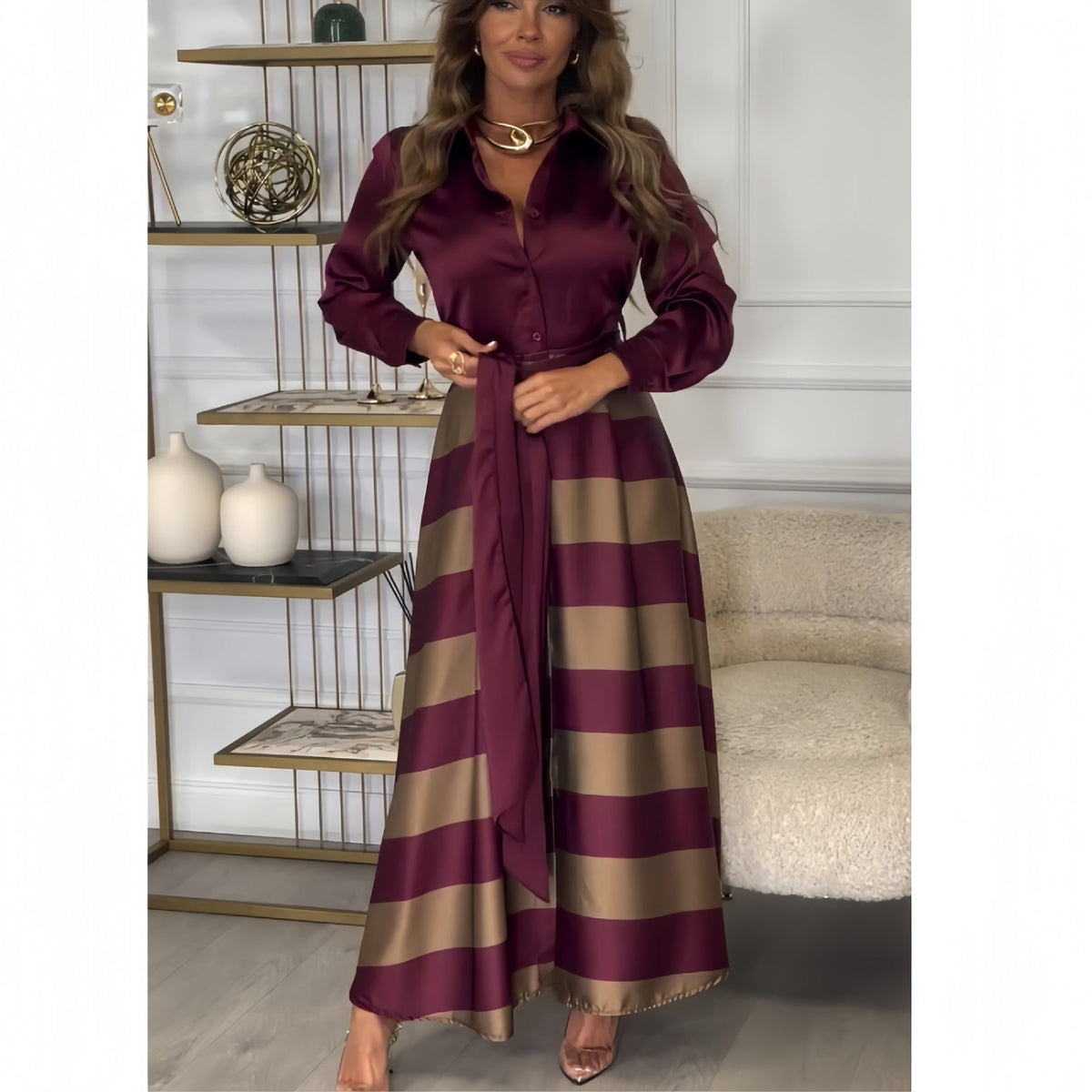 Women's Elegant Blouse and Skirt Ensemble with Side Tie Belt