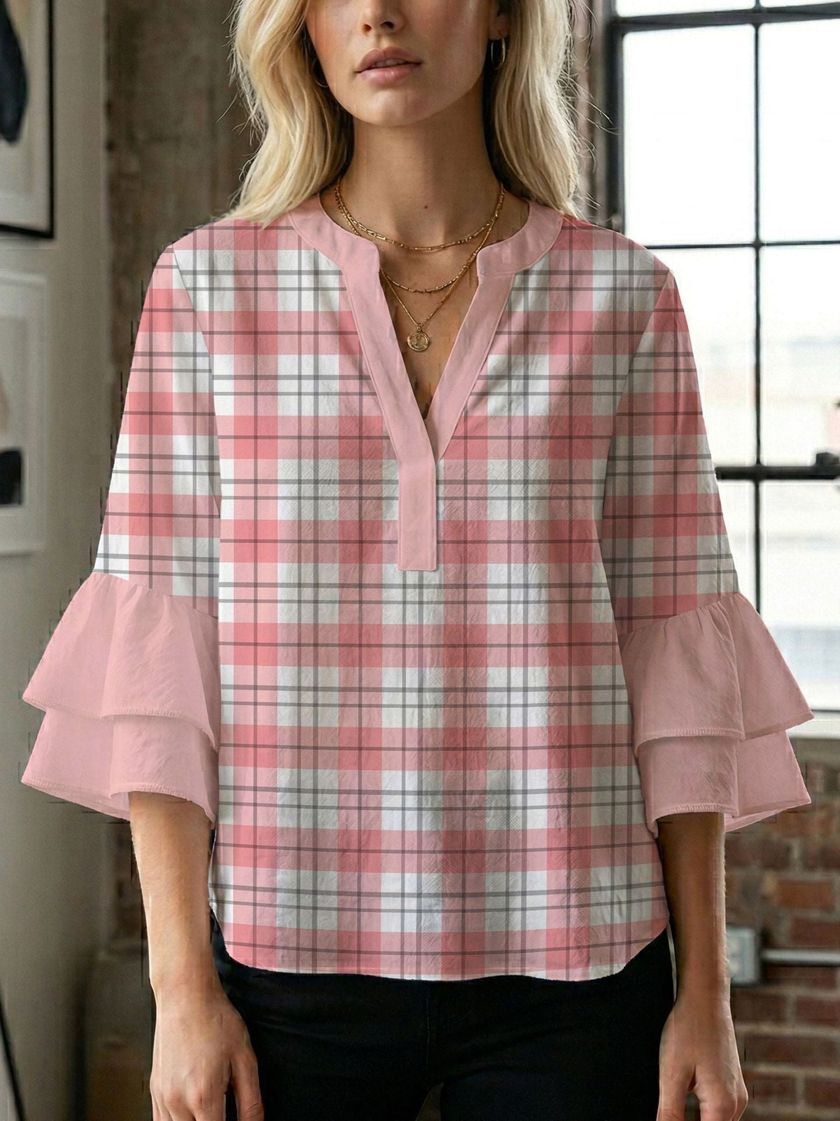 Women's Blouse with Voluminous Flutter Sleeves and Leaf Print