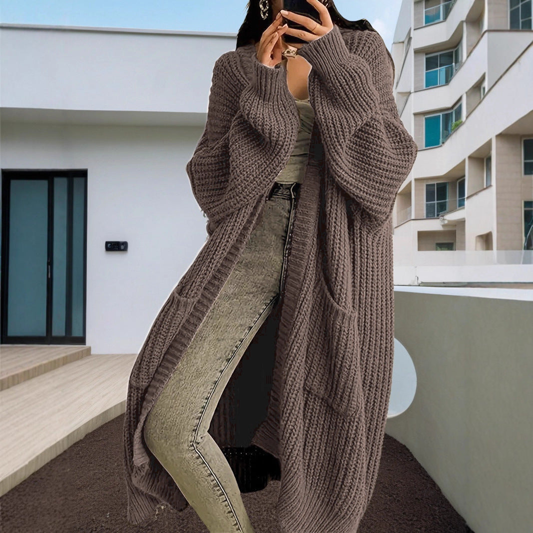Women's Large Knit Cardigan with Open Sleeves and Cozy Fit