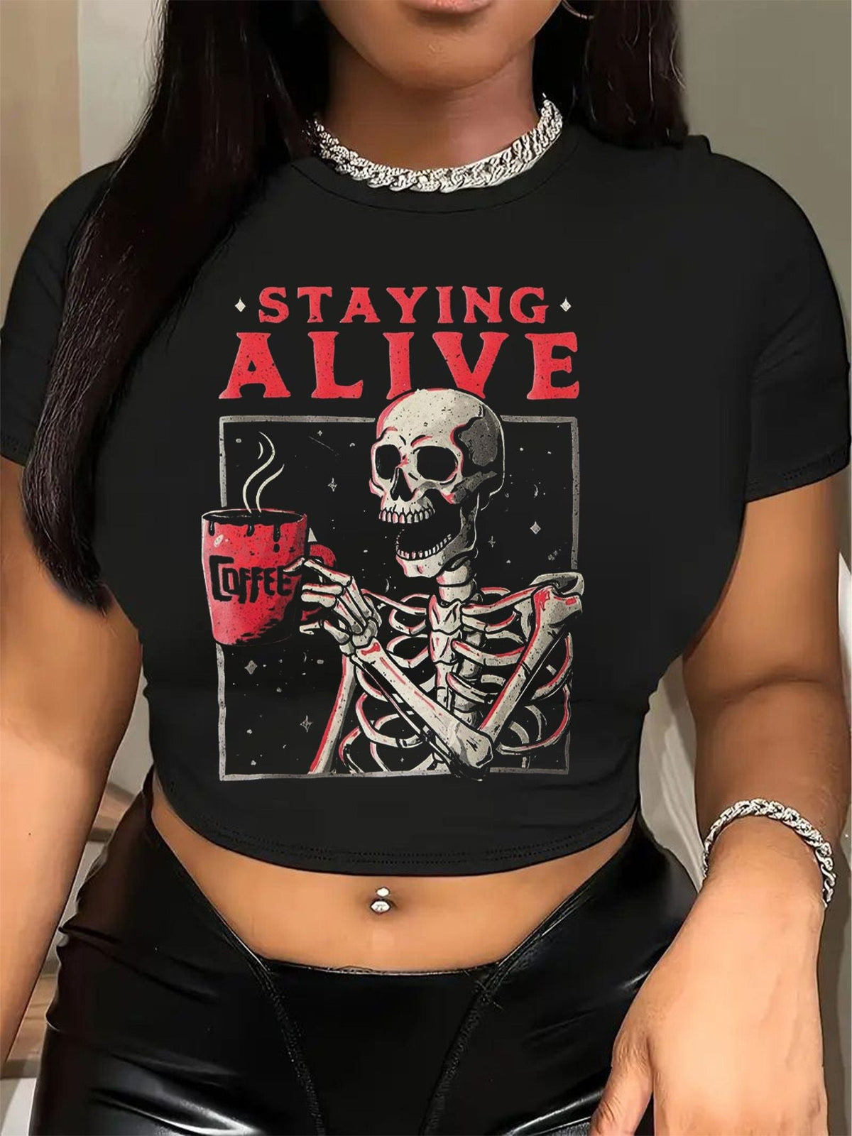 Women's Crop T-Shirt with Creative Skeleton Design and Inspiring Lettering