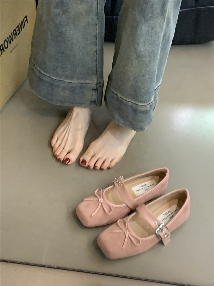 Women's Soft Suede Ballet Flats with Adjustable Strap and Decorative Bow