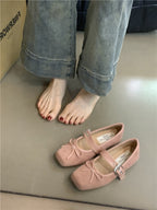 Women's Soft Suede Ballet Flats with Adjustable Strap and Decorative Bow