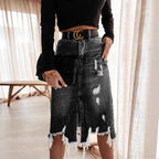 Women's Midi Skirt with Asymmetrical Hem and Destroyed Effects