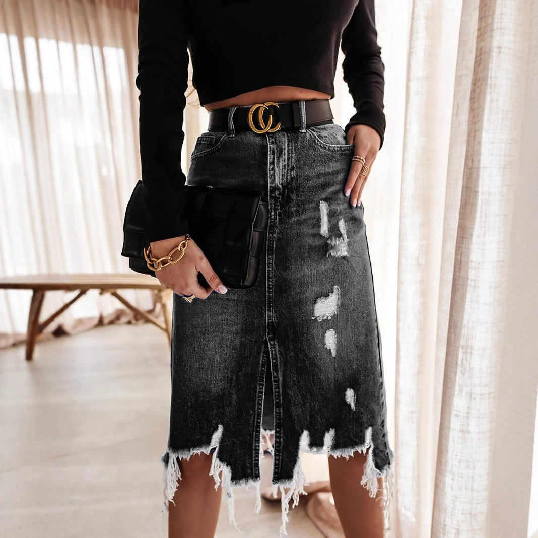 Women's Midi Skirt with Asymmetrical Hem and Destroyed Effects