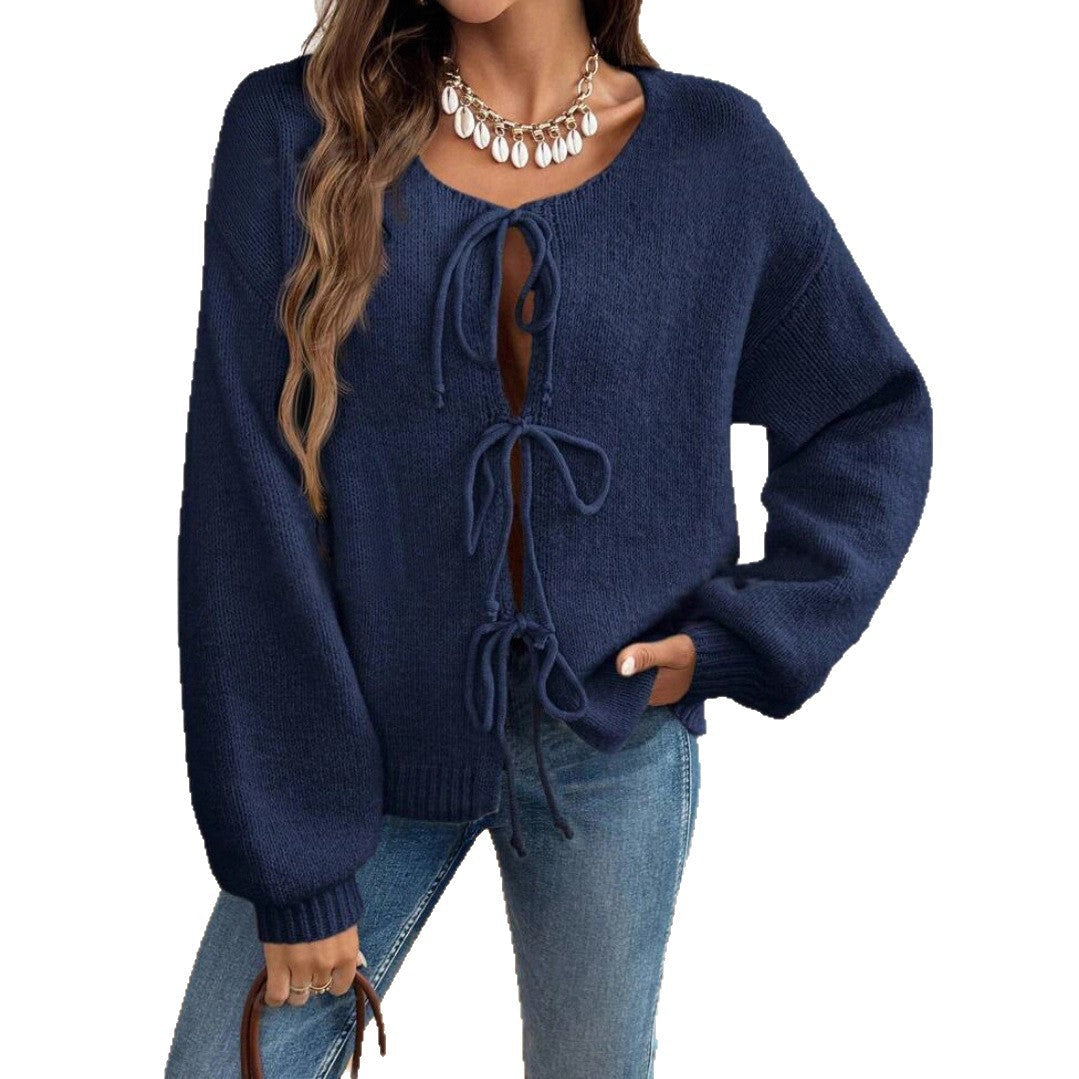 Women's Cozy Knit Sweater with Decorative Lace-Up Detail and Wide Sleeves
